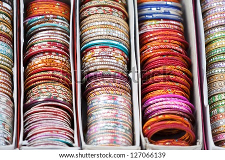 Traditional bangles in the local market in India. Background. Background
