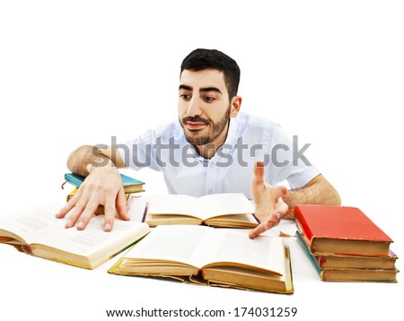 Student preparing for the exams. Isolated on white background
