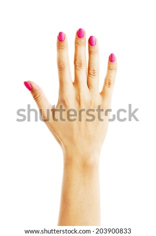 Human hand with pink nails. Isolated on white background
