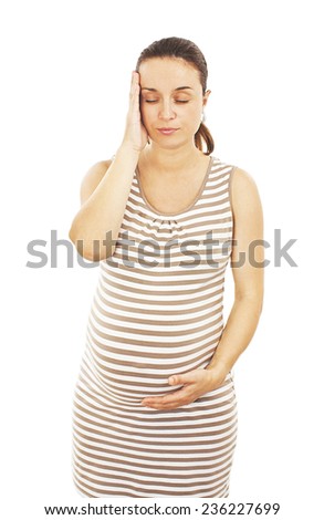 Pregnant woman with strong pain of stomach. isolated on white background