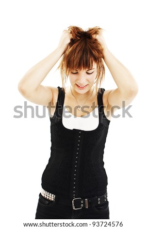 Young woman in hysterics on a white background. Family problems.fury.