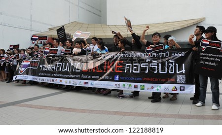 BANGKOK - DEC 9: Protesters attend an anti-corruption rally outside Bangkok Art and Culture Centre organised by the United Nations Development Programme on Dec 9, 2012 in Bangkok, Thailand.