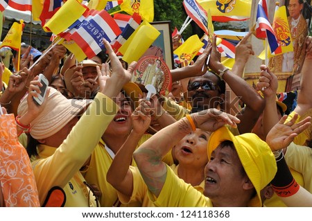 BANGKOK - DEC 5: Royalists celebrate the 85th birthday of Thai King Bhumibol Adulyadej while attending celebrations on the Royal Plaza on Dec 5, 2012 in Bangkok, Thailand.