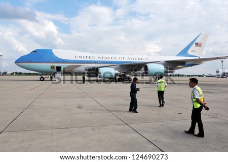 BANGKOK - NOV 18: Air Force One sits on the tarmac at Don Muang International Airport as US President Barack Obama begins a historic tour of Southeast Asia on Nov 18, 2012 in Bangkok, Thailand.