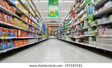 BANGKOK - APRIL 14: Aisle view of a Tesco supermarket on April 14, 2013 in Bangkok, Thailand. Tesco is the world's second largest retailer with 6,531 stores worldwide and a revenue of Ã?Â£65bn in 2012.