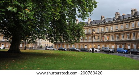 BATH - OCT 4: General View of The Circus designed by architect John Wood the Elder in the 18th century on Oct 4, 2012 in Bath, UK. The landmark Circus consists of terraced Georgian Town Houses.