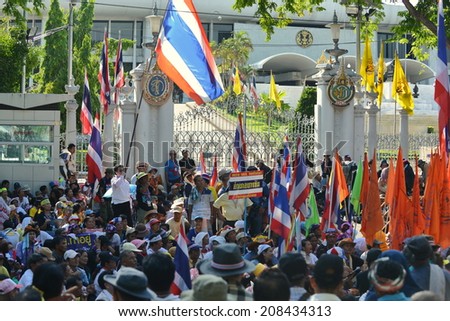 BANGKOK - MAY 12: Anti government protesters rally outside the Thai parliament on May 12, 2014 in Bangkok, Thailand. The protesters call for the government to be overthrown.