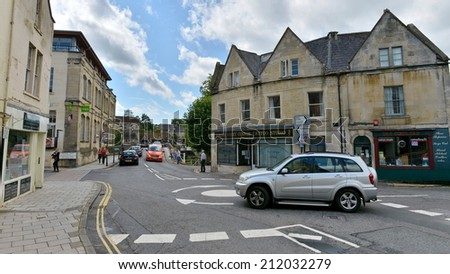 BRADFORD ON AVON - AUG 17: View roads and a roundabout in the old town on Aug 17, 2014 in Bradford on Avon, UK. The historic Wiltshire town was a centre for the wool industry during industralisation.