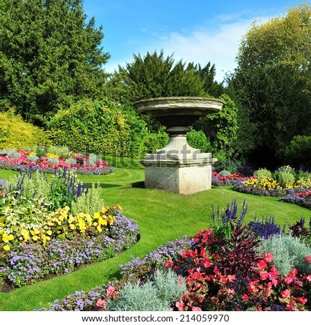 Beautiful Formal Garden Scene of Flowerbeds and Lawn