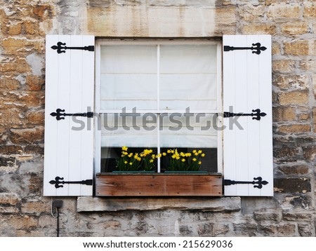 View of Shuttered Windows and Flower Box of an Old Cottage