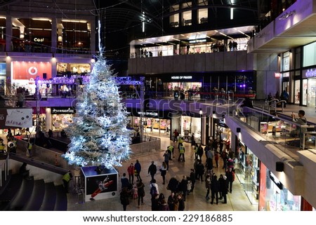 BRISTOL - NOV 7: People visit Cabot Circus shopping mall during the Christmas holiday shopping season on Nov 7, 2014 in Bristol, UK. The mall boasts 1,000,000 sq ft of retail and leisure outlets.