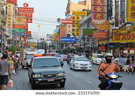 BANGKOK - MAR 2: General view of a busy city road in the old Chinatown district on Mar 2, 2012 in Bangkok, Thailand. Ethnic Chinese began settling in the Thai capital\'s Chinatown circa 1800s.