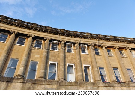 Exterior View of Town Houses on the Royal Crescent in Bath England Bathed in Warm Evening Sunlight - The Royal Crescents Consists of Thirty Georgian Era Luxury Town Houses