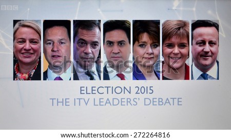 LONDON - APR 2: A view of a screen capture taken of a live election TV debate with main party candidates on Apr 2, 2015 in London, UK. Voters go to the polls on May 7 in a close general election.