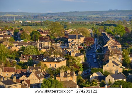 View of a Beautiful English Town Bathed in Warm Evening Sunlight Seen from a High Vantage Point - Namely the Historic Town of Bradford on Avon in Wiltshire England