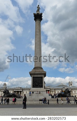 LONDON - MAY 30 : View of Nelson\'s Column in Trafalgar Square on May 30, 2015 in London. The monument was built to commemorate Admiral Horatio Nelson, who died at Battle of Trafalgar in 1805.