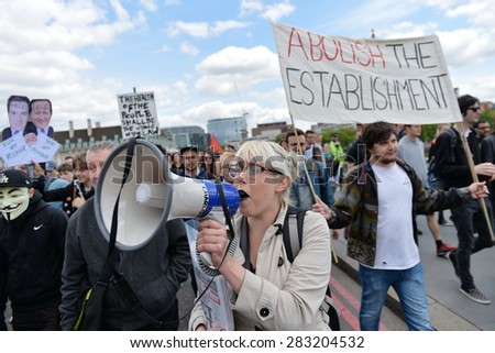 LONDON - MAY 30: Protesters rally against public sector spending cuts following the re-election of the Conservative party on May 30, 2015 in London, UK. The government plan severe austerity measures.