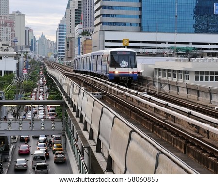 BANGKOK - JUNE 7: BTS Skytrain on elevated rail above Sukhumvit Road as the BTS network celebrates its 10th anniversary of operations in the Thai capital June 7, 2010 in Bangkok, Thailand.