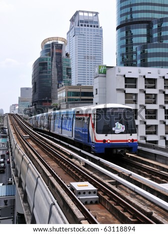BANGKOK - JUNE 9: BTS Skytrain on elevated rail above Sukhumvit Road as the BTS network celebrates its 10th anniversary of operations in the Thai capital June 9, 2010 in Bangkok, Thailand.