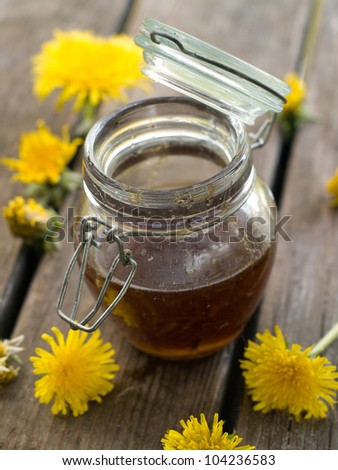 Flower honey in glass jar, selective focus