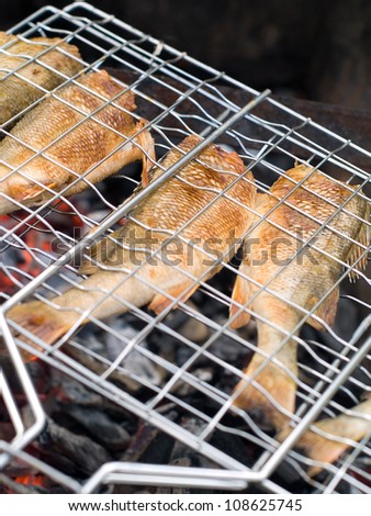 Grilled fish on grill with rest, selective focus