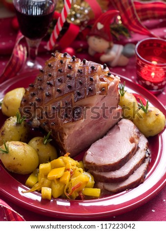 Christmas meat with potato for Holiday dinner, selective focus