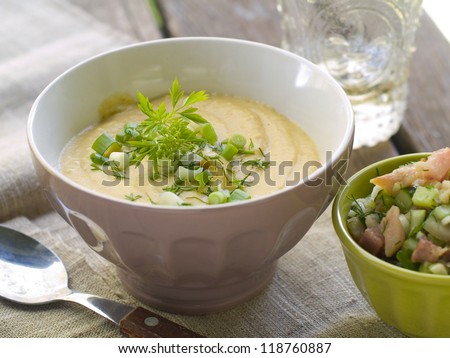 Fresh vegetable cream soup with fish tartar, selective focus