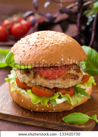 Delicious hamburger with a juicy beef patty,selective focus