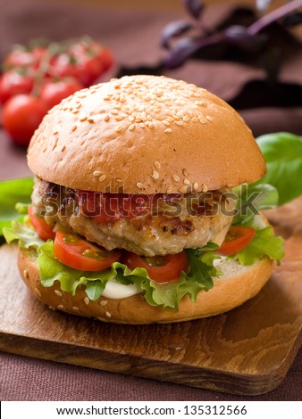 Delicious hamburger with a juicy beef patty,selective focus