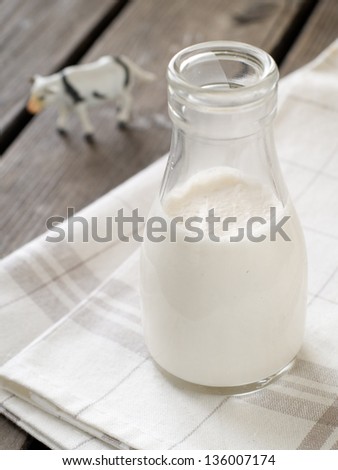 Milkin bottle with cow on background, healthy food. Selective focus