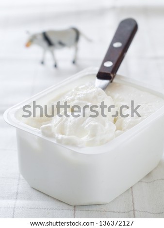 Cream-cheese with cow on background, healthy food. Selective focus