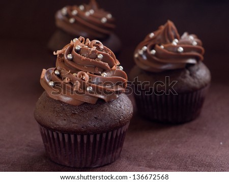 Chocolate and espresso cupcakes with chocolate swirl icing, selective  focus