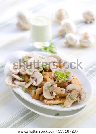 Chisken breast and mushroom salad with sauce, selective focus