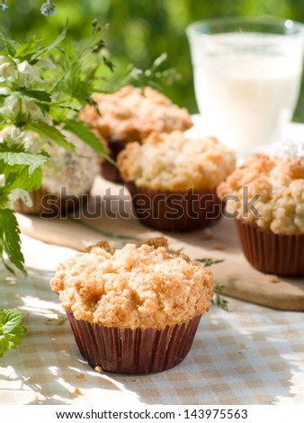 Sweet muffin with rhubarb, selective focus
