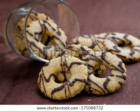 Biscuit cookies with chocolate and sugar, selective focus