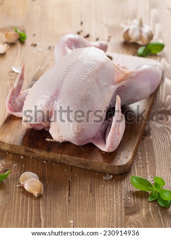 Whole raw chicken with spices and basil, selective focus