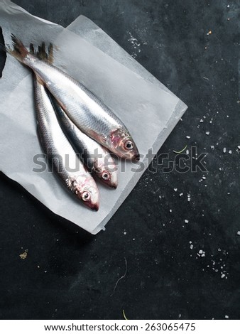 Fresh fish on dark vintage background, selective focus. Healthy food, diet or cooking concept