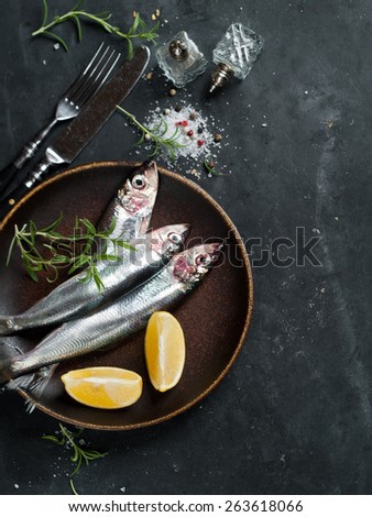 Fresh fish on dark vintage background, selective focus. Healthy food, diet or cooking concept