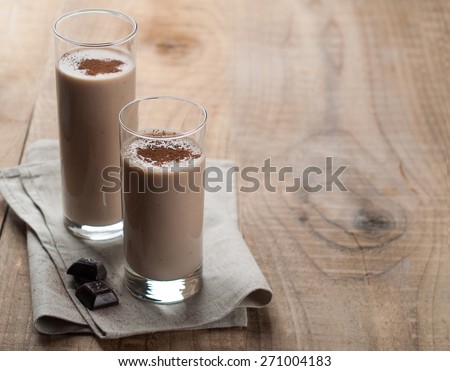 Chocolate milkshake (smoothie) in glass, selective focus