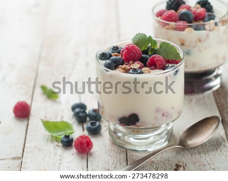 Yogurt with granola or muesli and fresh  berries for healthy morning meal, selective focus