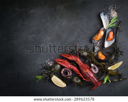Food background with seafood, selective focus