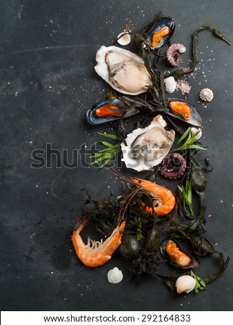 Food background with seafood, selective focus