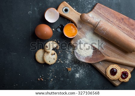 Baking pastry ingredients, selective focus. Cooking course poster background - layout with free text space.