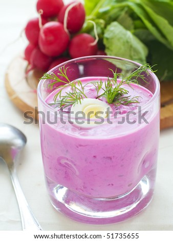 Cold vegetable soup with beet, cucumber, radsih and egg