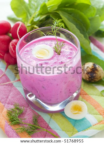 Cold vegetable soup with beet, cucumber, radish and egg