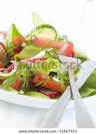 Fresh garden salad with a fork and knife.