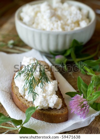 Bread with cottage cheese and bowl of cottage cheese in background