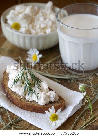 Bread with cottage cheese and glass of milk with bowl of cottage cheese in background