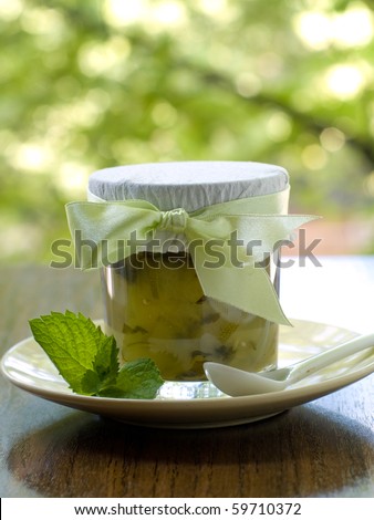 Apple-Mint  Marmalade in a Jar in outside