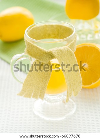 Hot drink with thermometer and pills